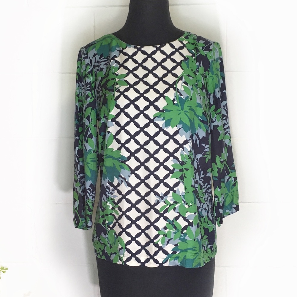 Boden Green Navy White Floral Trellis Print Blouse
